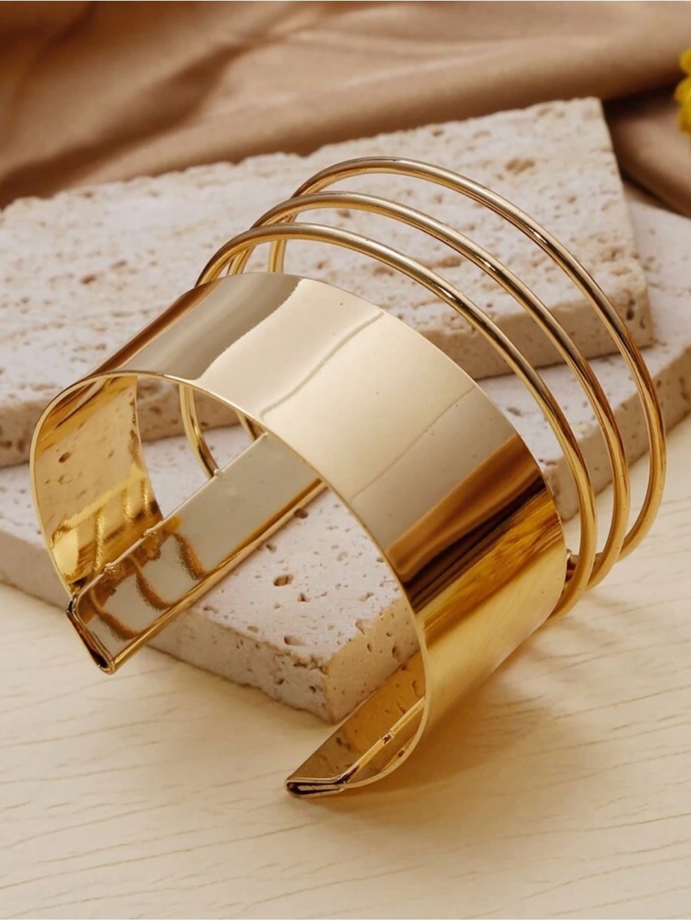 SHEIN Gold-Tone Wide Cuff Bracelet with Multi-Band Accent